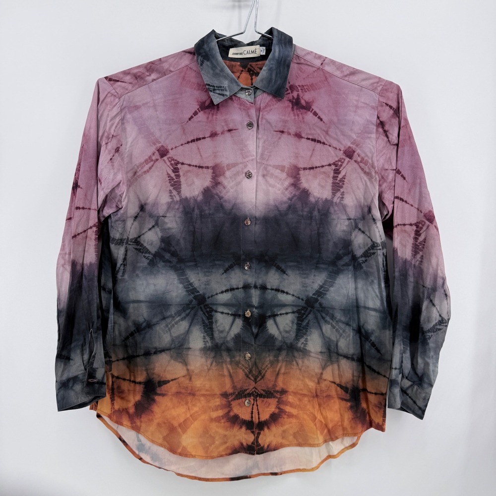 Johnny Was Calme Button Down Women M Tie Dye Recycled Rayon Purple Multi Tie Dye